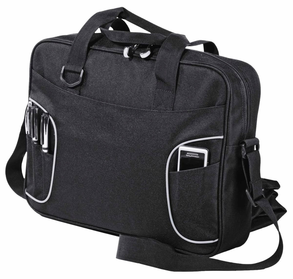 A black laptop bag featuring multiple pockets and a shoulder strap. It includes a logo on the front.