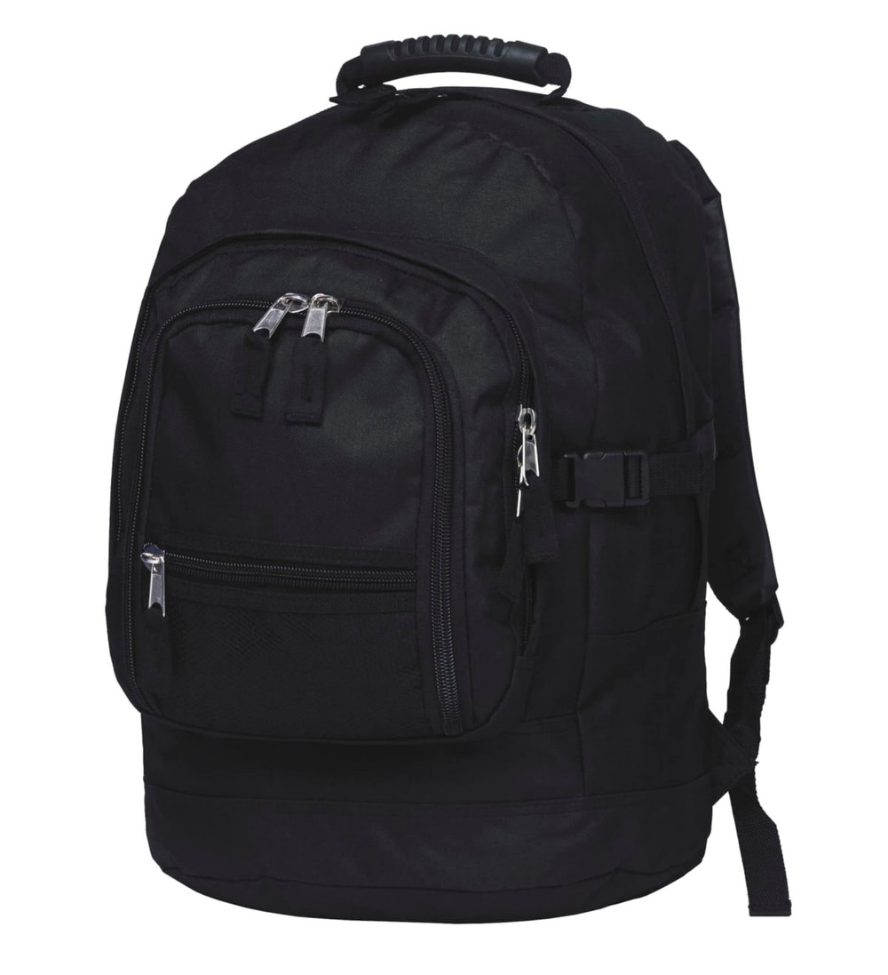 A black backpack with multiple zippered compartments and adjustable straps, featuring a sturdy handle on top.