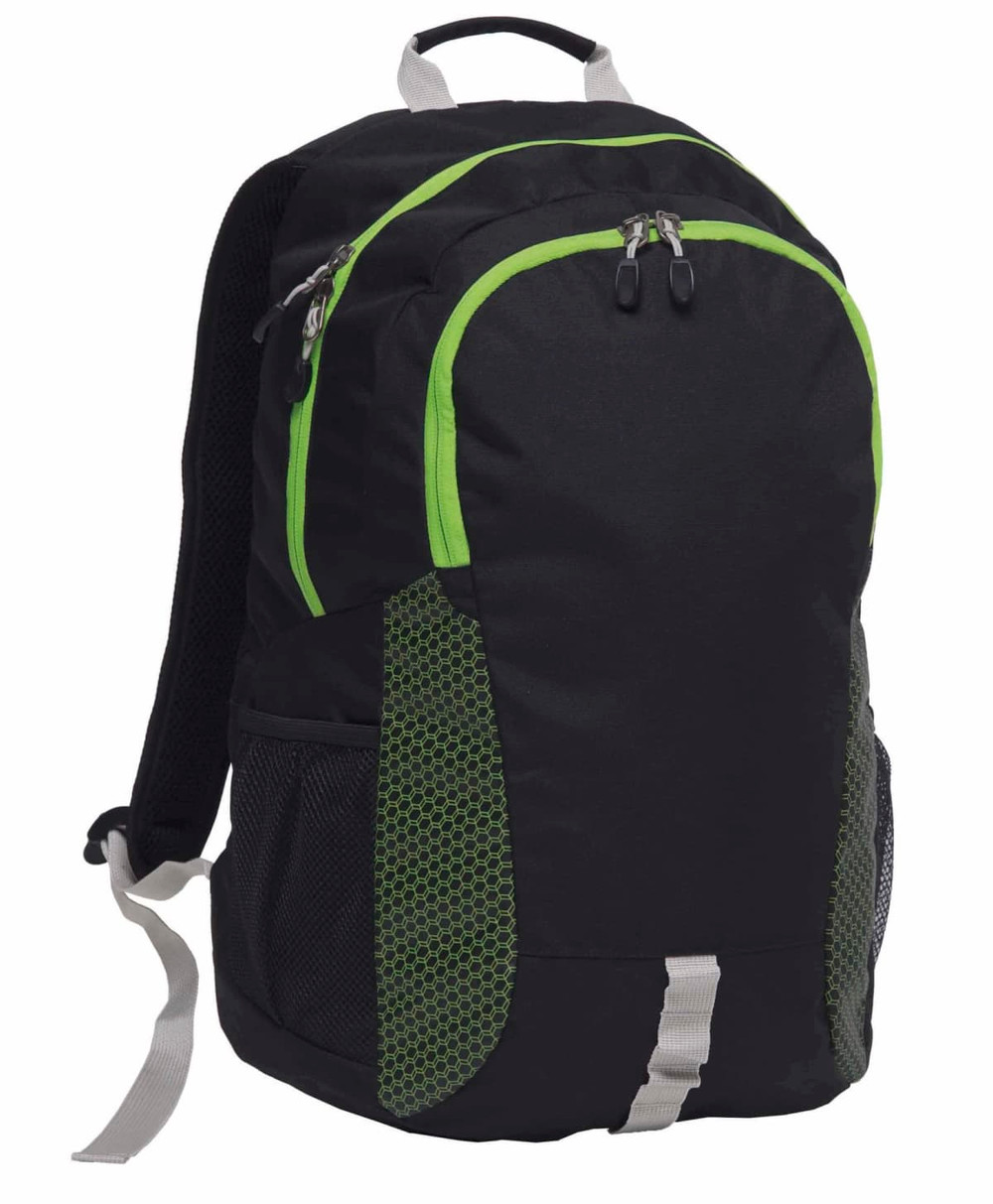 A black backpack with green accents and mesh details, featuring multiple compartments and a logo.
