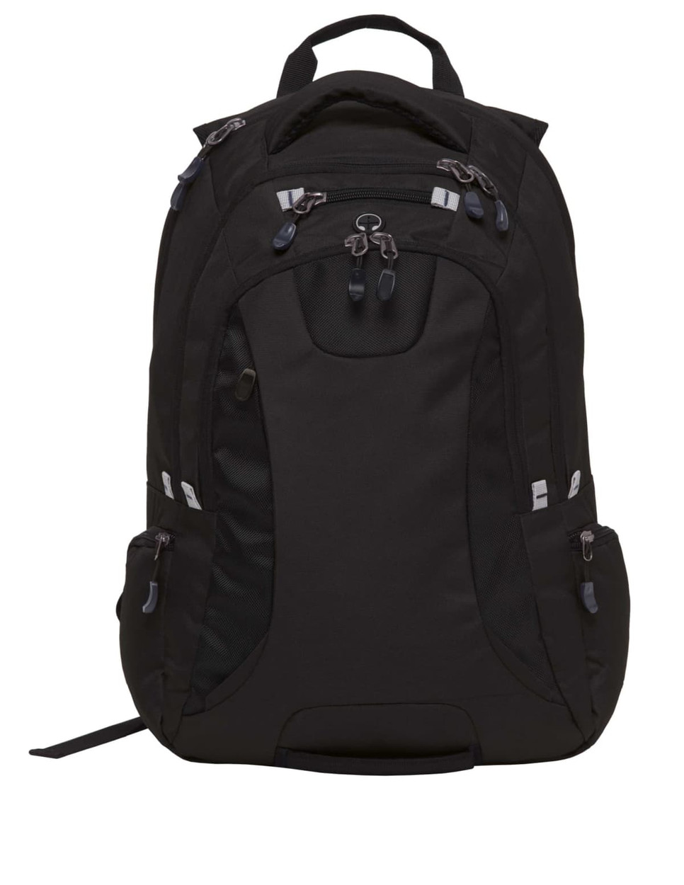 A black backpack with several compartments and zippers, featuring a logo, ideal for carrying various items.