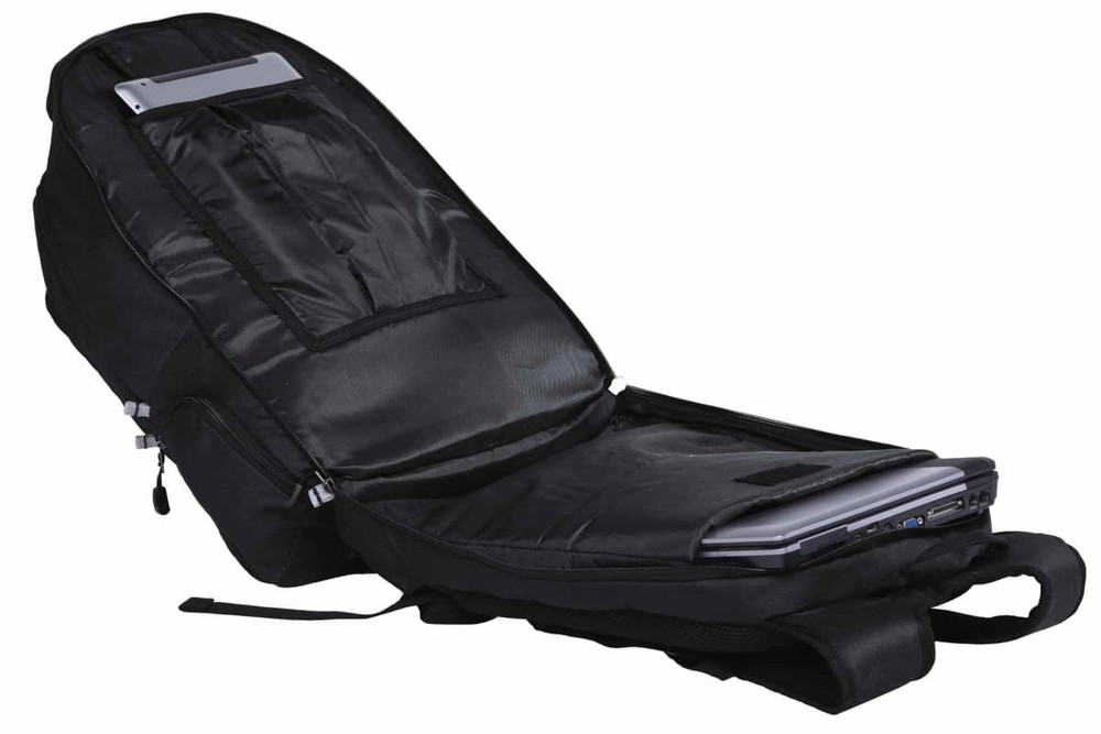 A black backpack with a spacious inner compartment, featuring pockets for a laptop and additional storage.