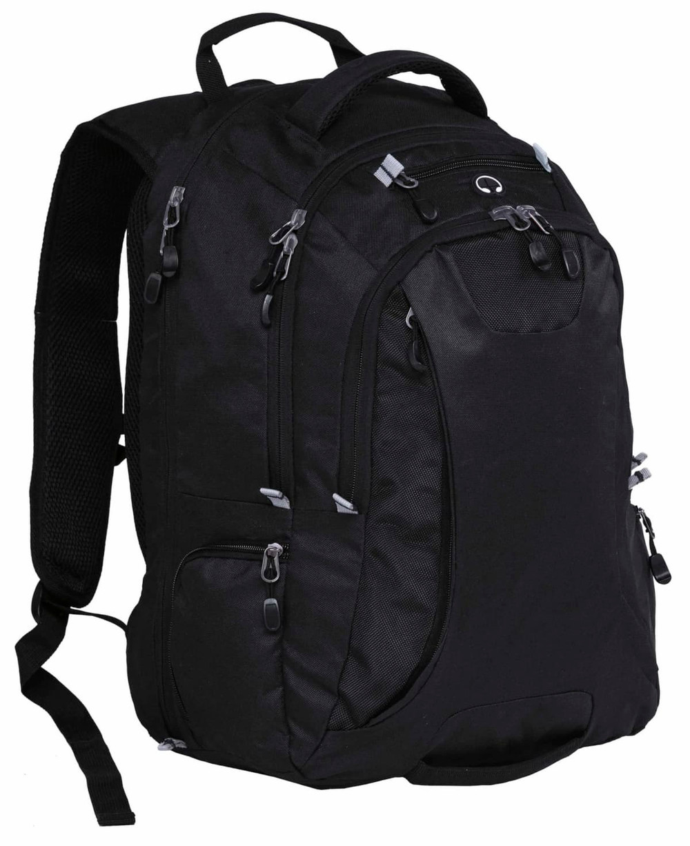 A black backpack with multiple compartments, zippers, and padded shoulder straps. It features a logo and a sturdy handle.
