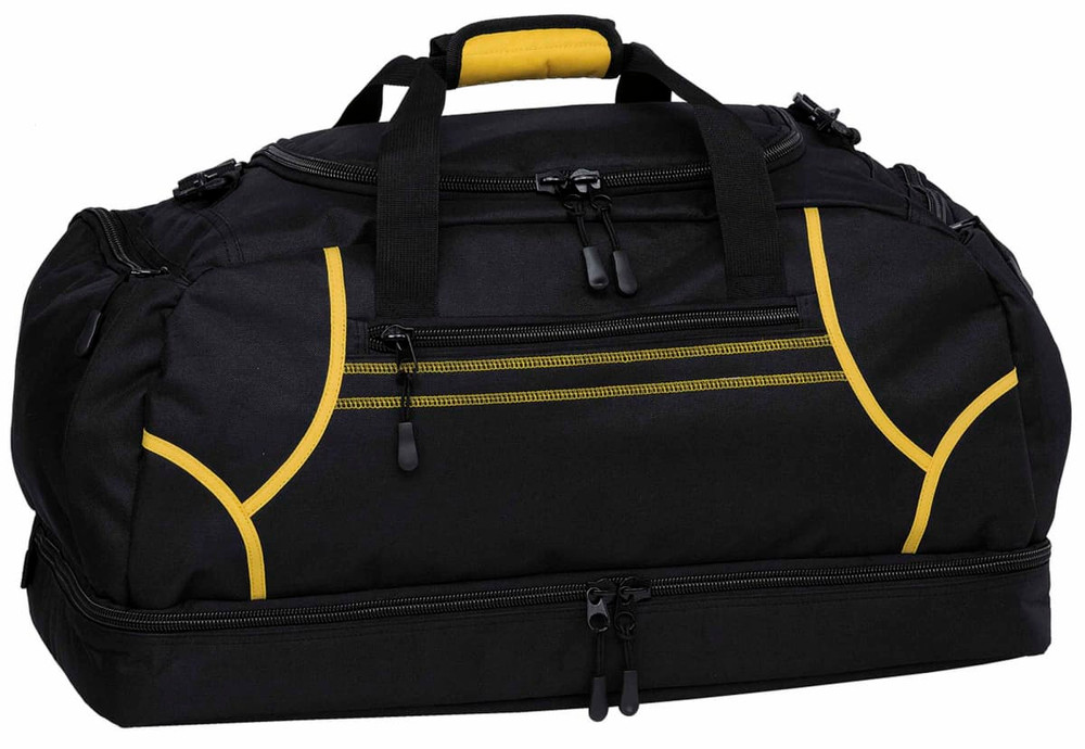 A black duffle bag with yellow accents and double zipped compartments, featuring handles and a detachable strap.