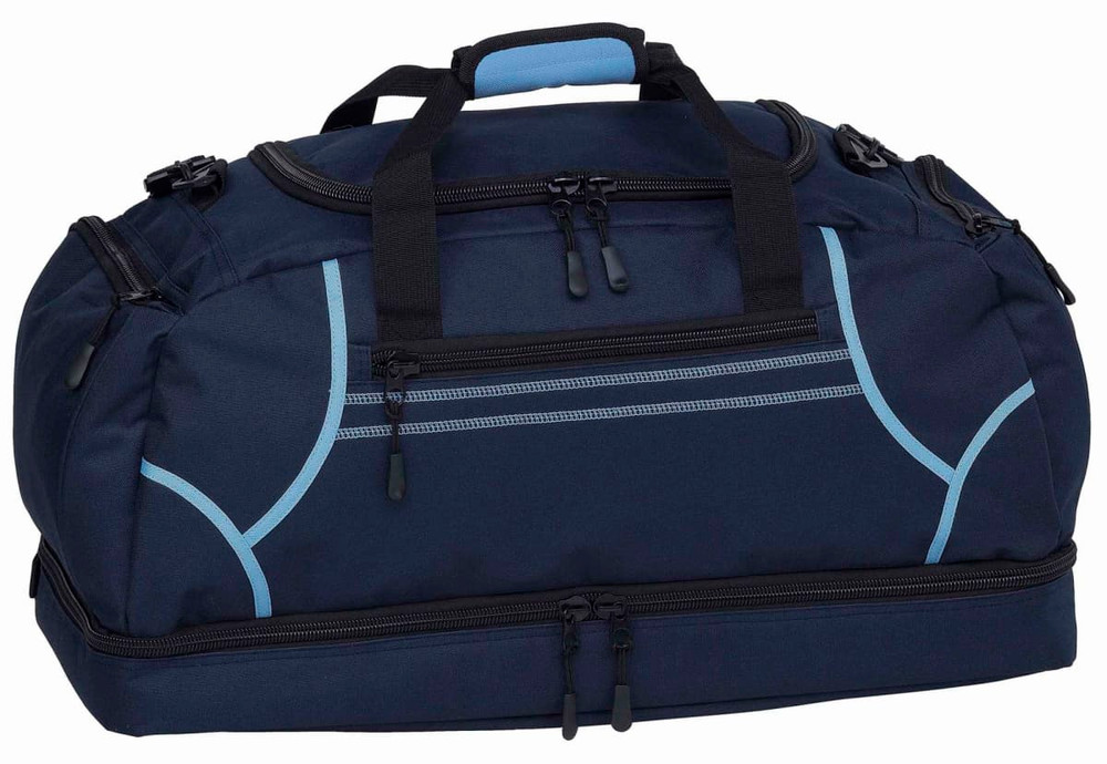A navy blue duffle bag with grey accents, featuring multiple zippered compartments and a sturdy handle.