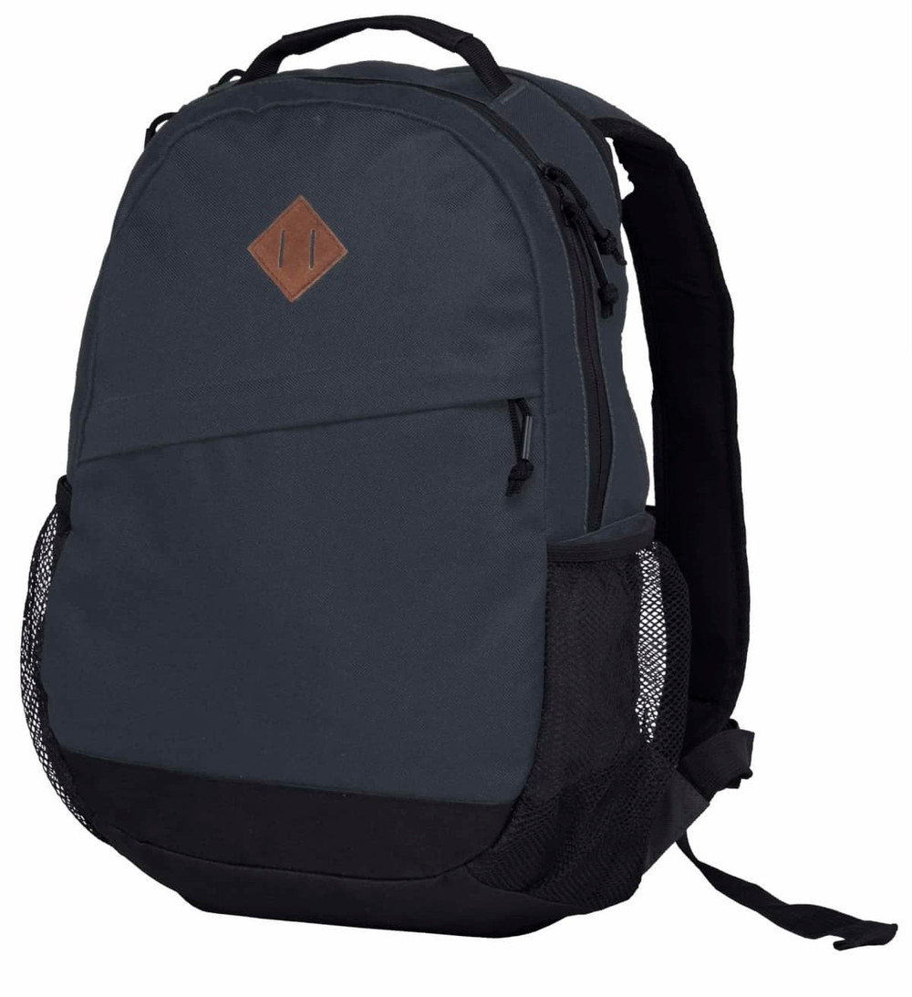 A grey backpack with a leather patch, featuring mesh side pockets and padded straps. It has a zippered main compartment.