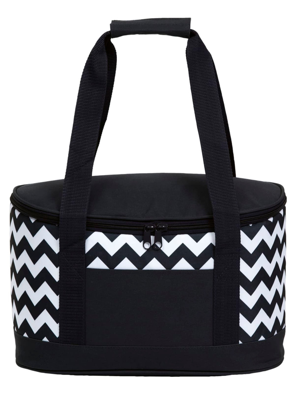 A round cooler bag featuring a black and white chevron design, with sturdy black straps and a zippered closure.