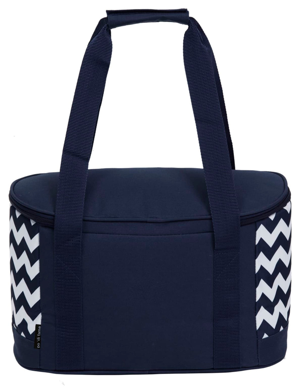 A navy blue cooler bag with a white chevron pattern on the sides and dual carrying straps. It has a rounded shape.