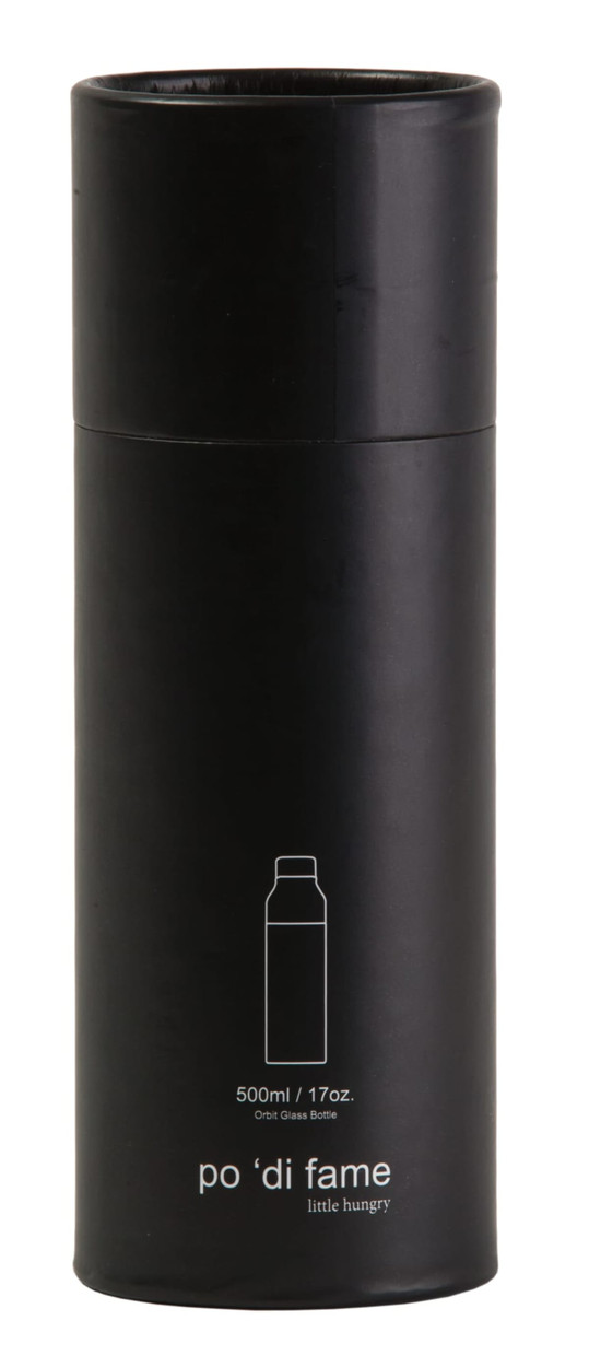 A drink bottle presented in a cylindrical black packaging. The bottle is transparent and has a black lid.