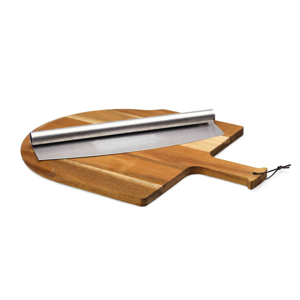 A pizza peel set featuring a wooden paddle with a stainless steel blade, showcasing warm timber tones.