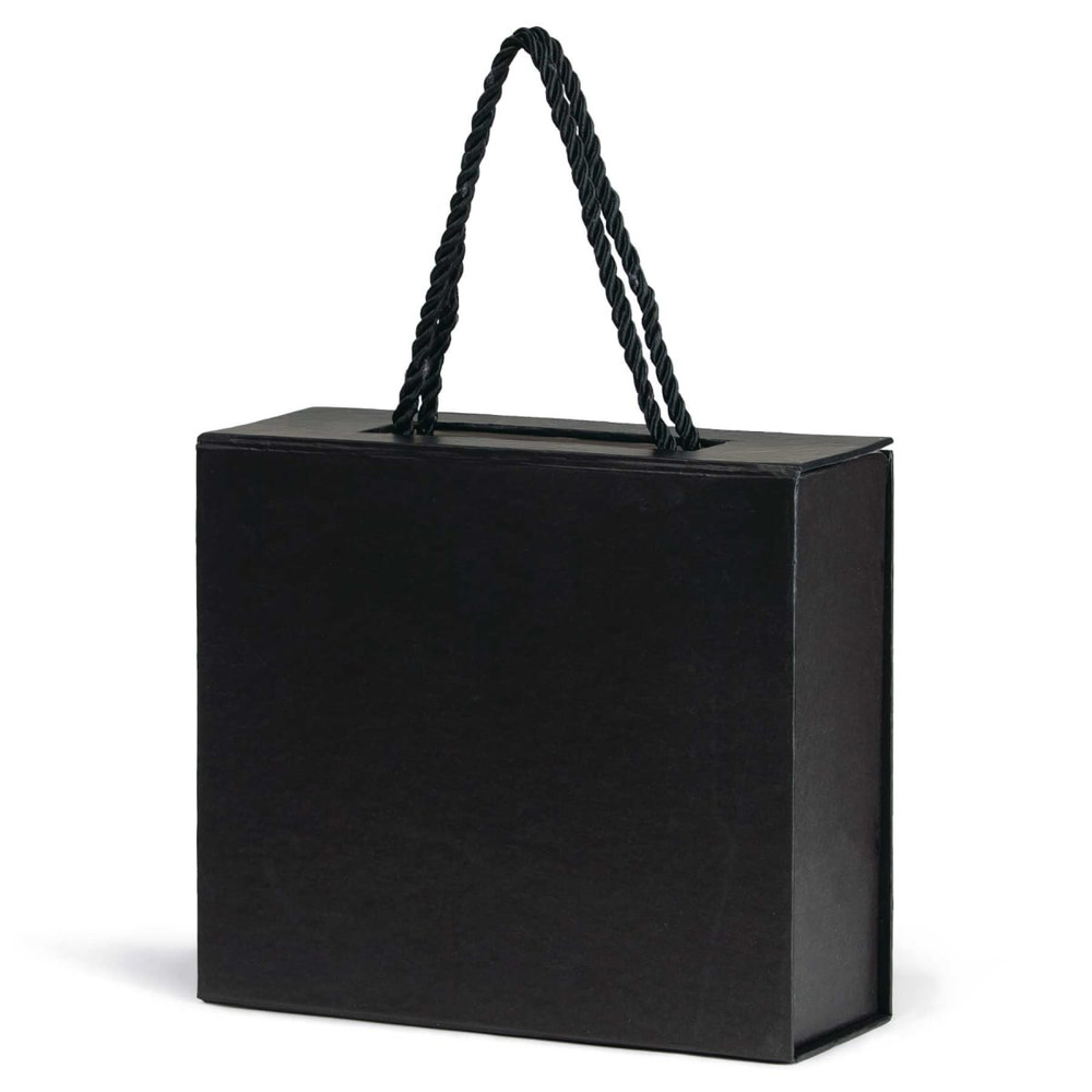 A black gift box with a twisted handle, suitable for packaging products or gifts.
