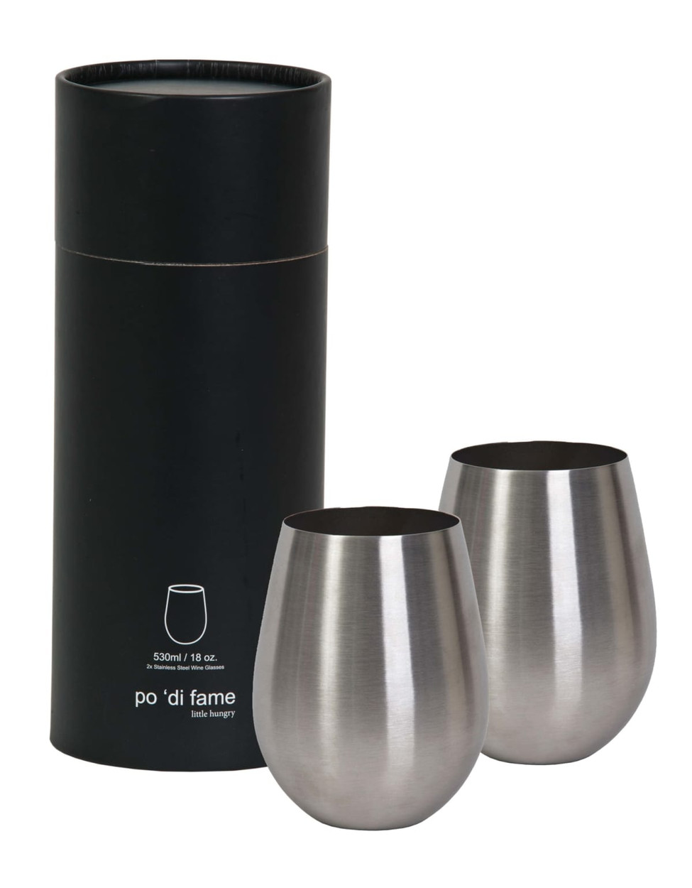 A set of two stainless steel stemless wine glasses in a black cylindrical packaging.