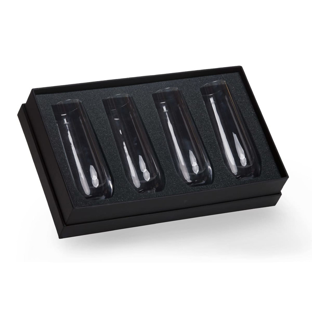 Four stemless champagne flutes in a black gift box, featuring a sleek design with a transparent finish.