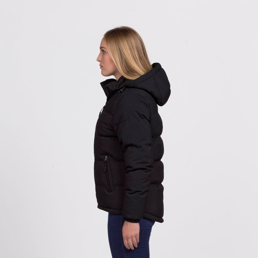 A black puffer jacket with a hood, featuring zipped pockets and a fitted silhouette, displayed on a model.