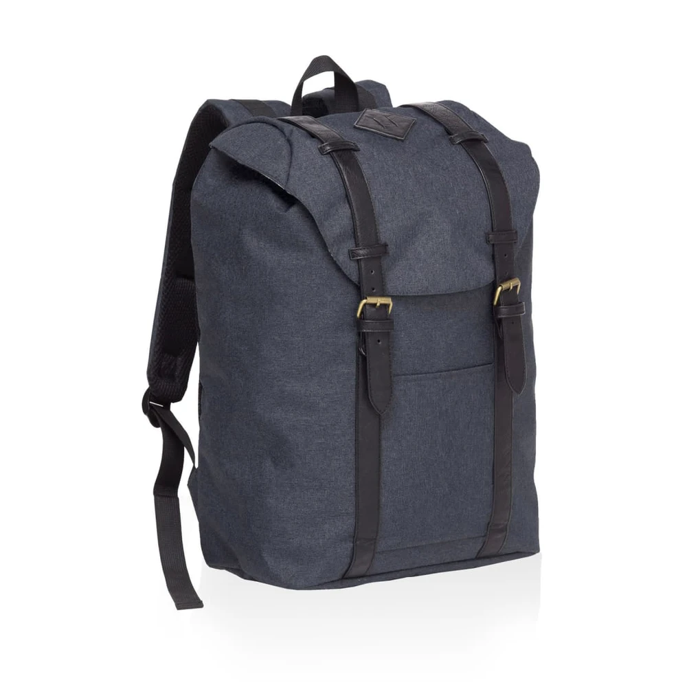 A dark grey front-side backpack with black straps and a flap closure, featuring a logo on the front.