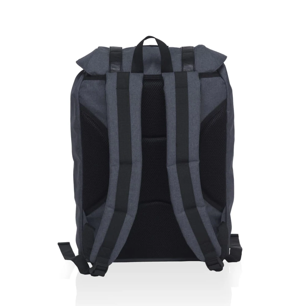 A grey front-side backpack with padded shoulder straps and mesh detailing on the back. It features a logo.