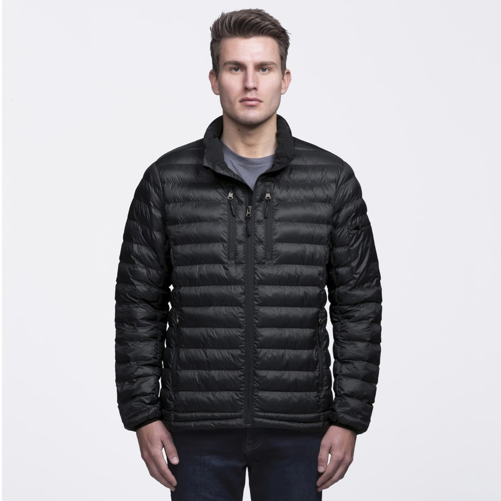 A black puffer jacket with a zip front, featuring two chest pockets and a stand-up collar, worn by a model.