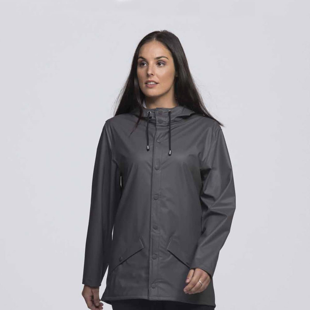 A grey rain jacket for women featuring a hood and front buttons, with a branded logo on it.