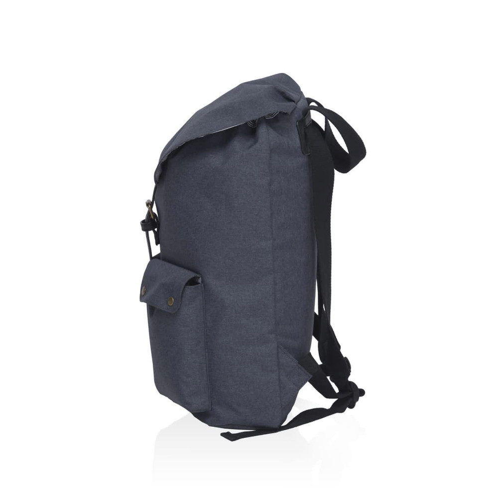 A grey backpack with a roll-top design and a front pocket, featuring adjustable straps and a logo.