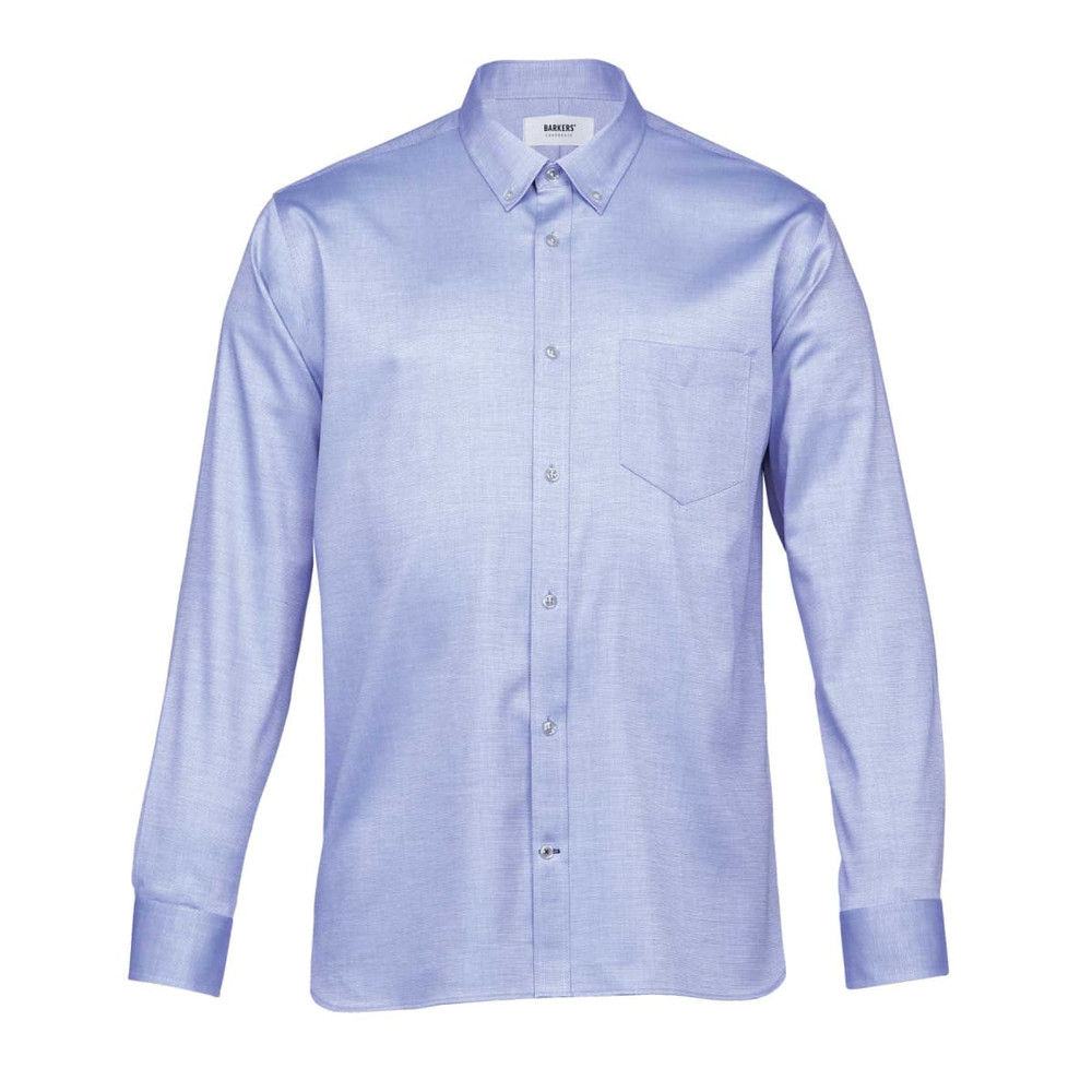 A light blue button-up shirt with long sleeves and a chest pocket, featuring a logo.