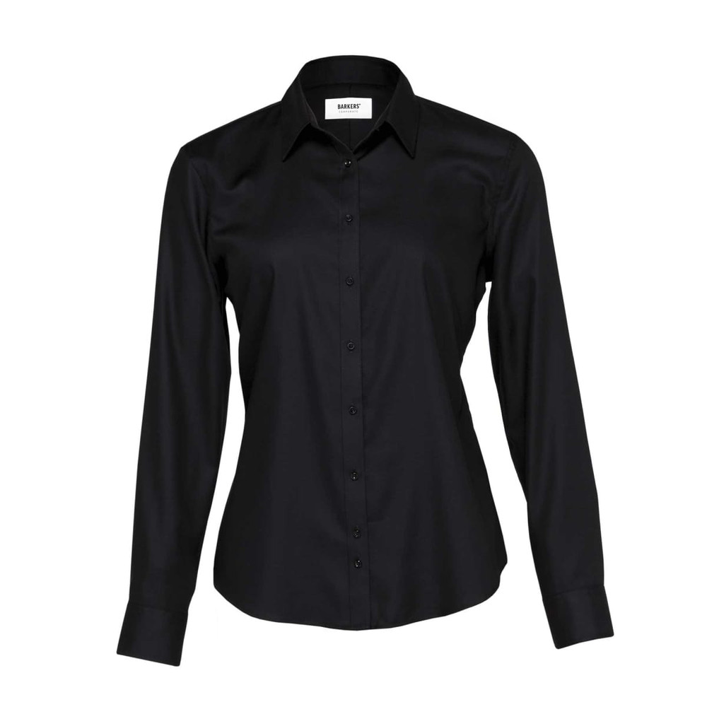 A black button-up shirt for women featuring a collar and long sleeves, with a logo on the label.