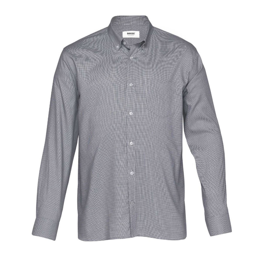 A men's button-up shirt in a grey check pattern with long sleeves and a collar. Features a logo on the chest.