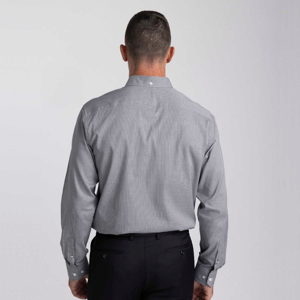 A men's button-up shirt in grey, featuring a collar and long sleeves. The back shows a button detail.