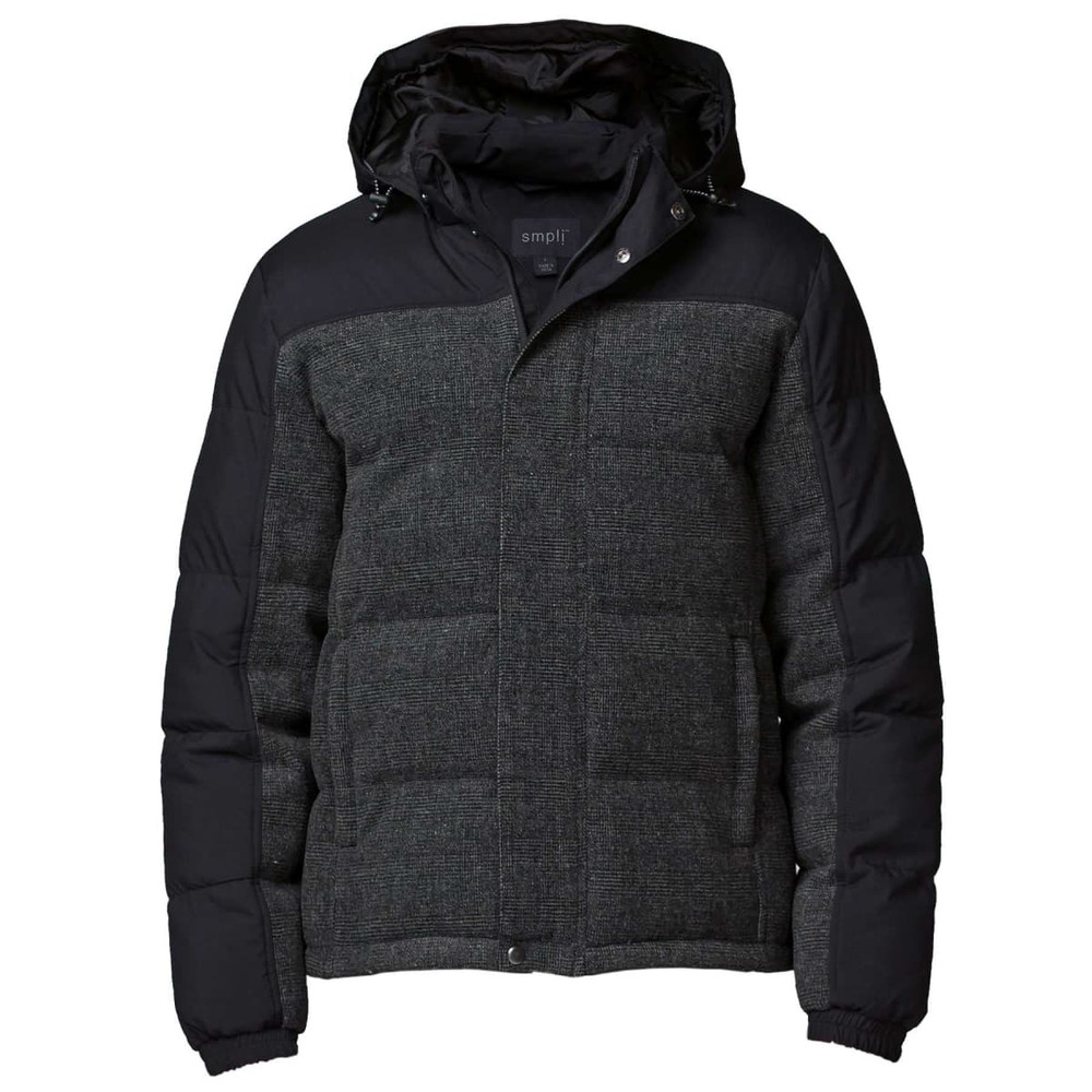 A black and grey jacket with a hood, featuring a quilted design and a logo on the chest.
