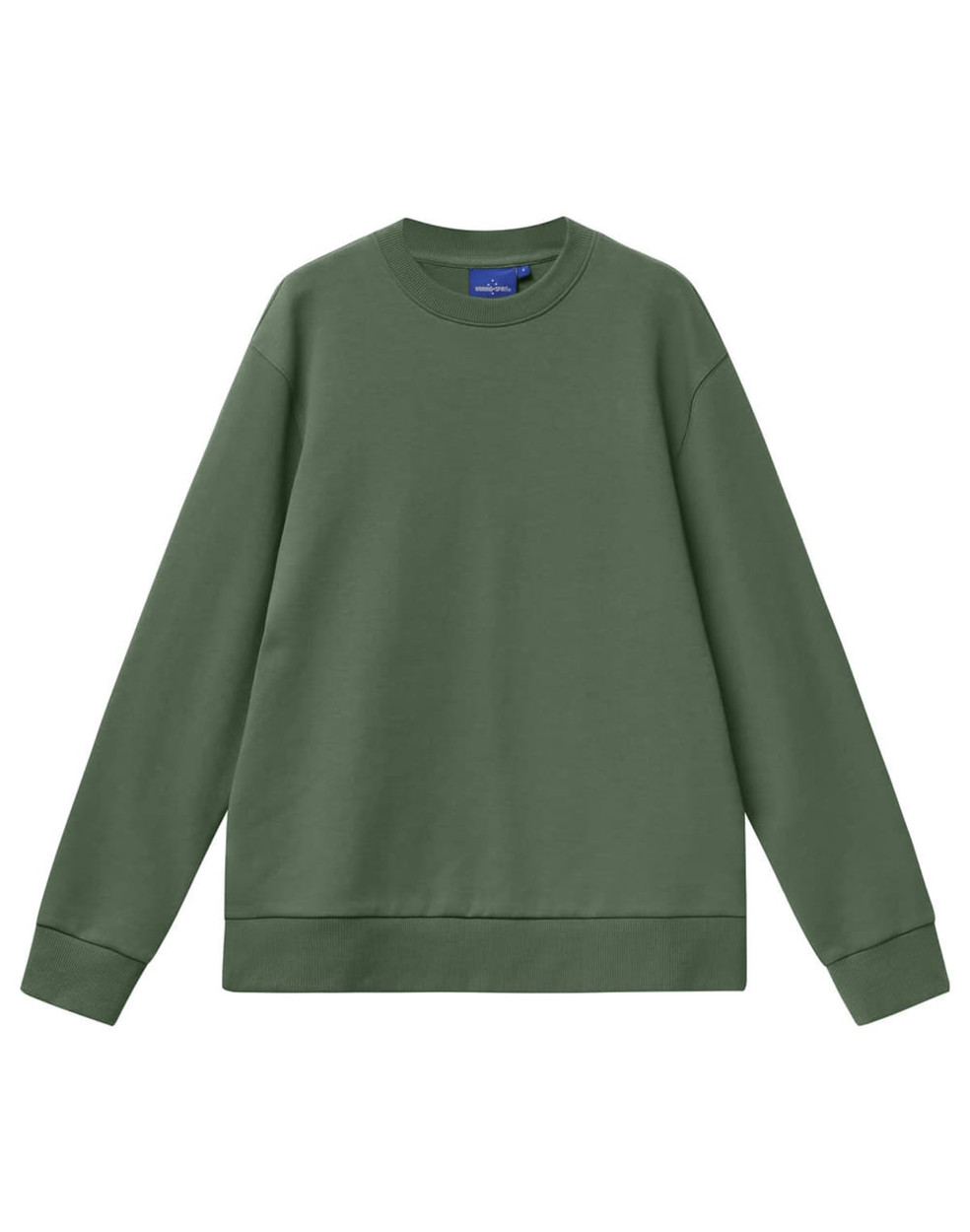 A unisex crew neck sweater in olive green, featuring long sleeves and a ribbed hem. It has a logo on the inside label.