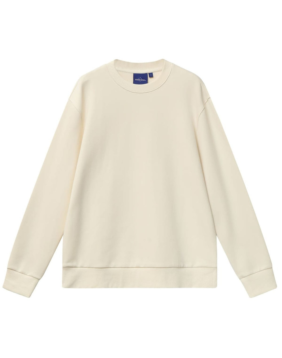 A unisex airlayered CVC crew neck sweater in cream with long sleeves and a casual fit. Features a logo tag.