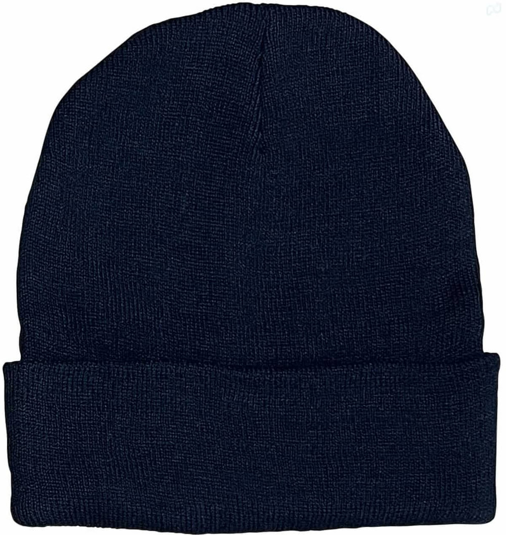 A navy beanie hat with a rolled cuff, made from rPET material, featuring a logo on the side.