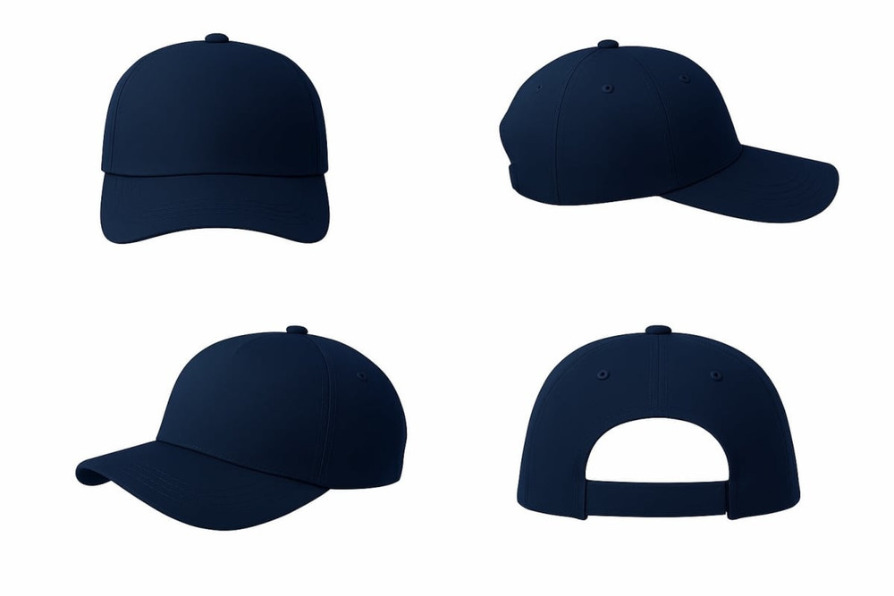 A navy cotton twill cap displayed from multiple angles, featuring a logo on the front.