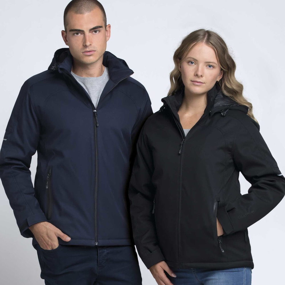 A navy soft shell jacket and a black soft shell jacket are worn by a male and a female model. Both jackets have hoods and zippers.