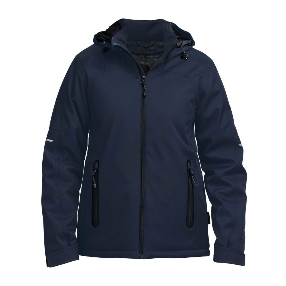 A navy soft shell jacket with a hood, featuring zipped pockets and a logo on the side.