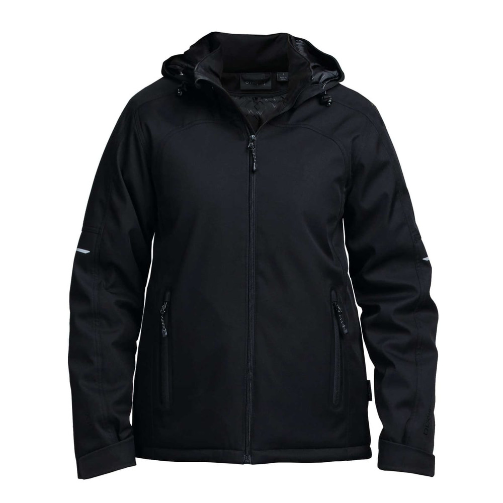 A black soft shell jacket featuring a hood, zippered pockets, and a logo on one sleeve.