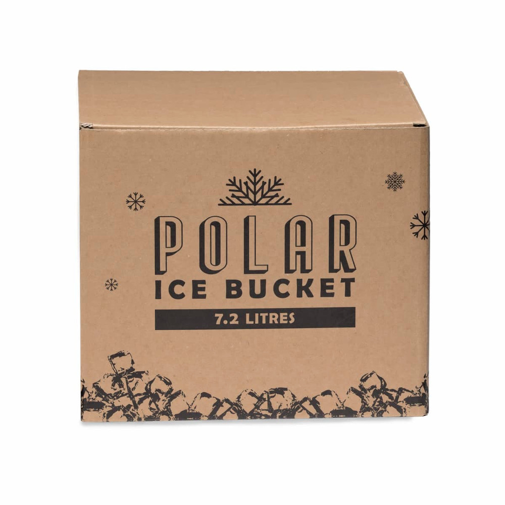 A cardboard box containing a 7.2 litre Polar Ice Bucket. The design features snowflakes and a logo.