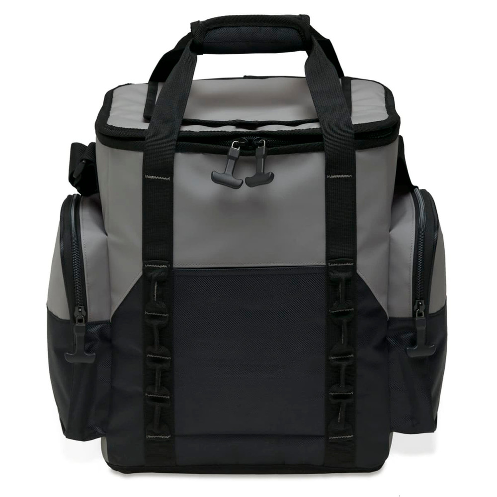 A grey and black cooler bag features multiple storage compartments and sturdy straps for easy carrying.