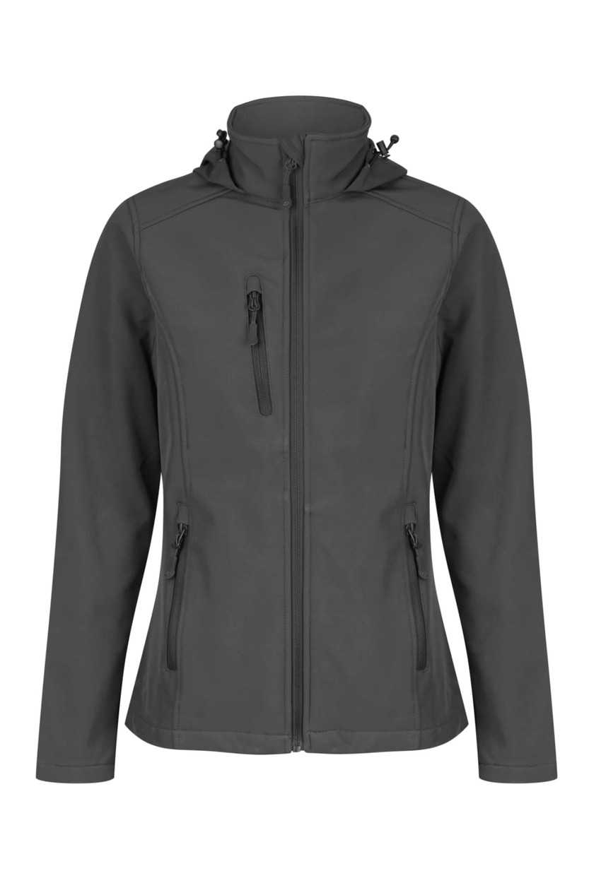 A women's soft shell jacket in dark grey, featuring a hood and zippered pockets, with a branding logo.