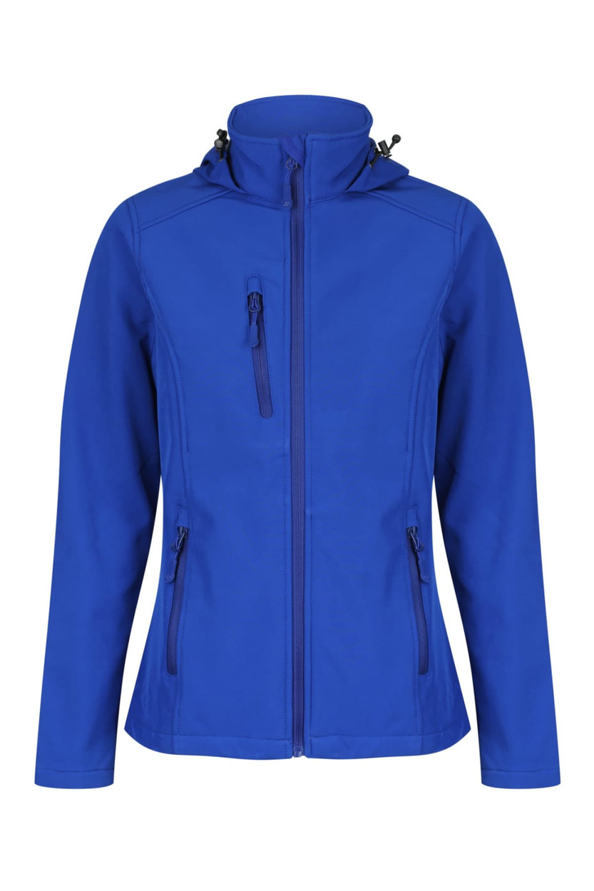 A blue soft shell jacket featuring a hood, zippered pockets, and a fitted design. It includes branding on the fabric.