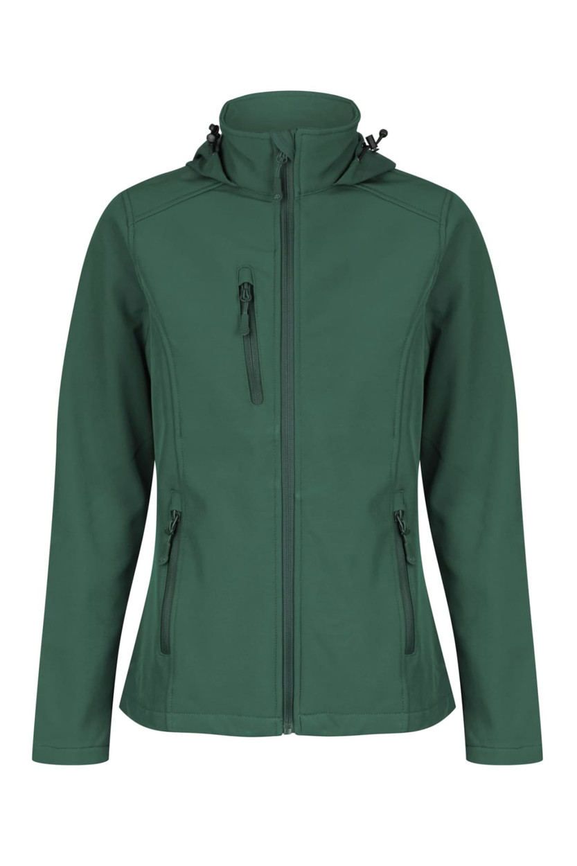 A green soft shell jacket with a zip front, two side pockets, and a hood, featuring a logo.