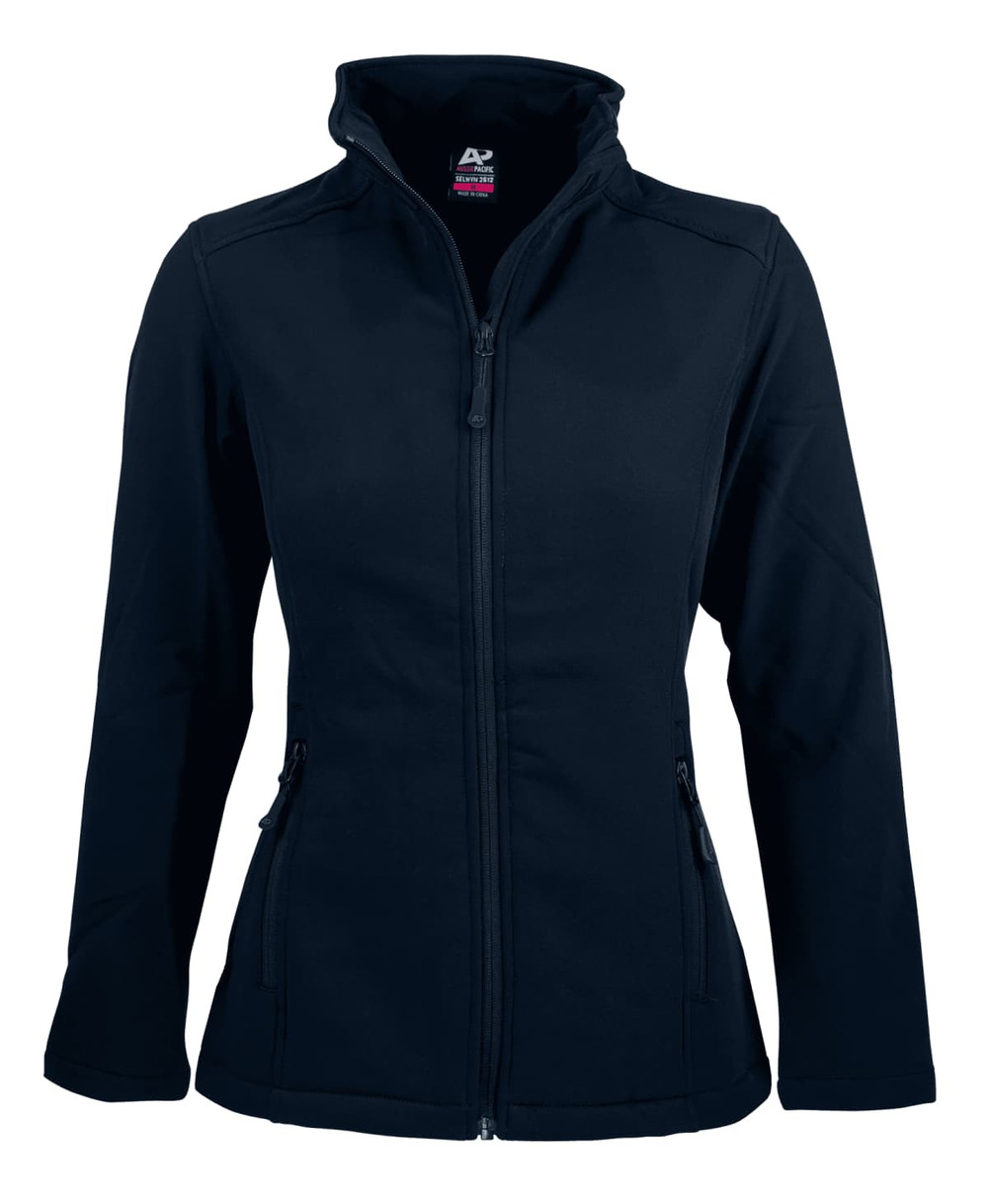 A navy soft shell jacket with a zip front and two side pockets. Features a collar and has a logo.