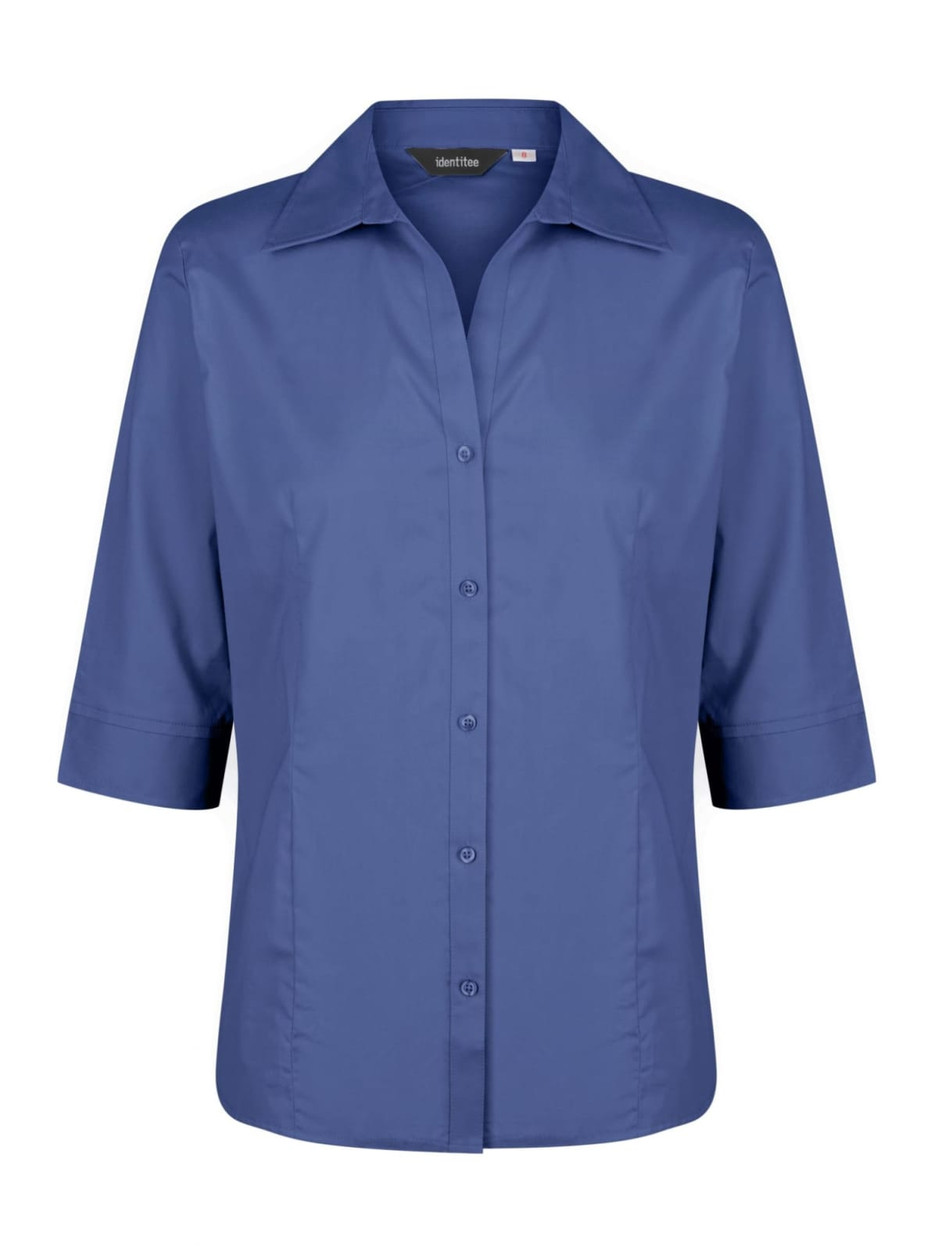 A ladies' button-up shirt with 3/4 sleeves in a deep blue shade, featuring a collar and buttons down the front.