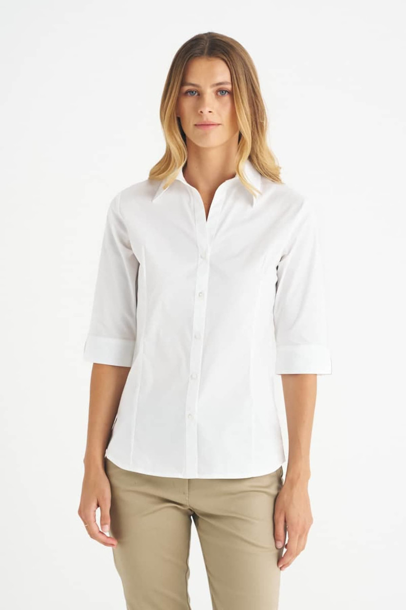 A button-up shirt in white with 3/4 sleeves, featuring a collar and a branded logo.
