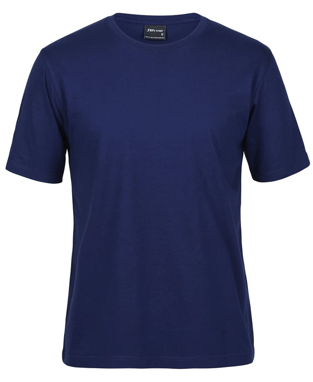 A navy blue T-shirt with short sleeves, featuring a logo at the neckline.