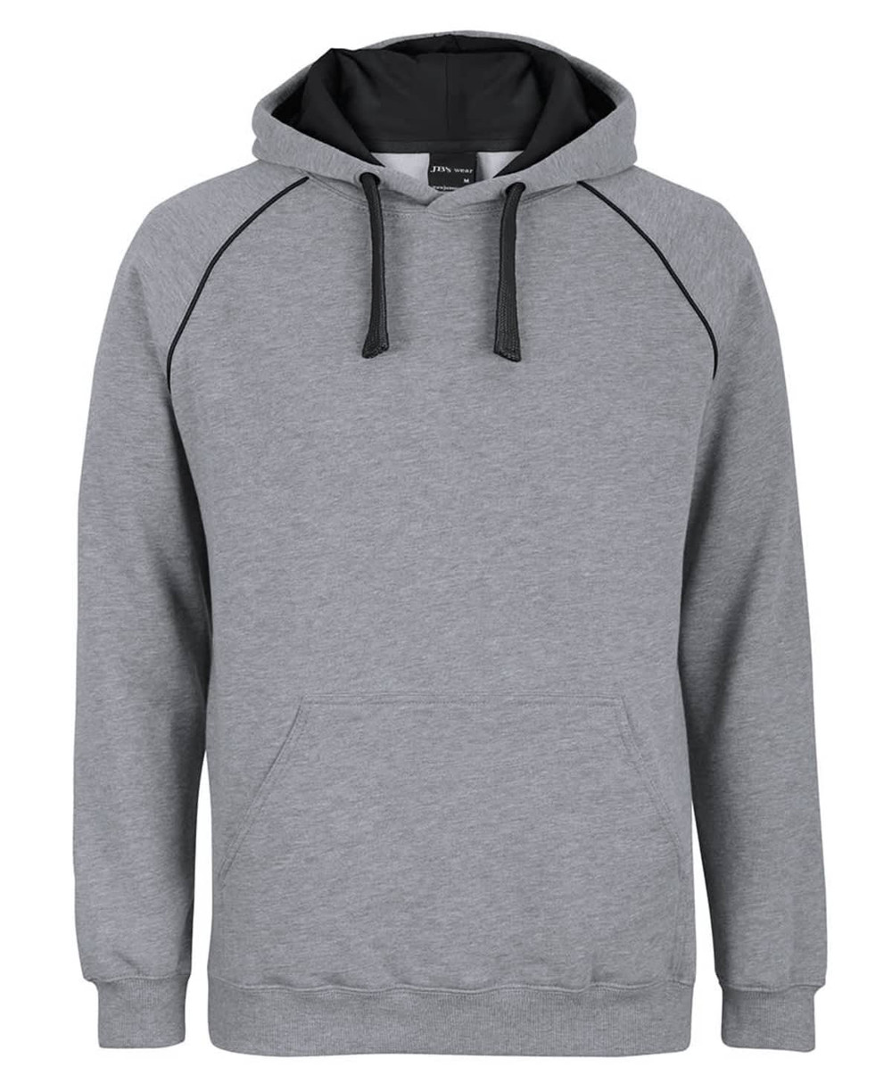 A grey hoodie with a black contrast hood, featuring a front pocket and a logo.