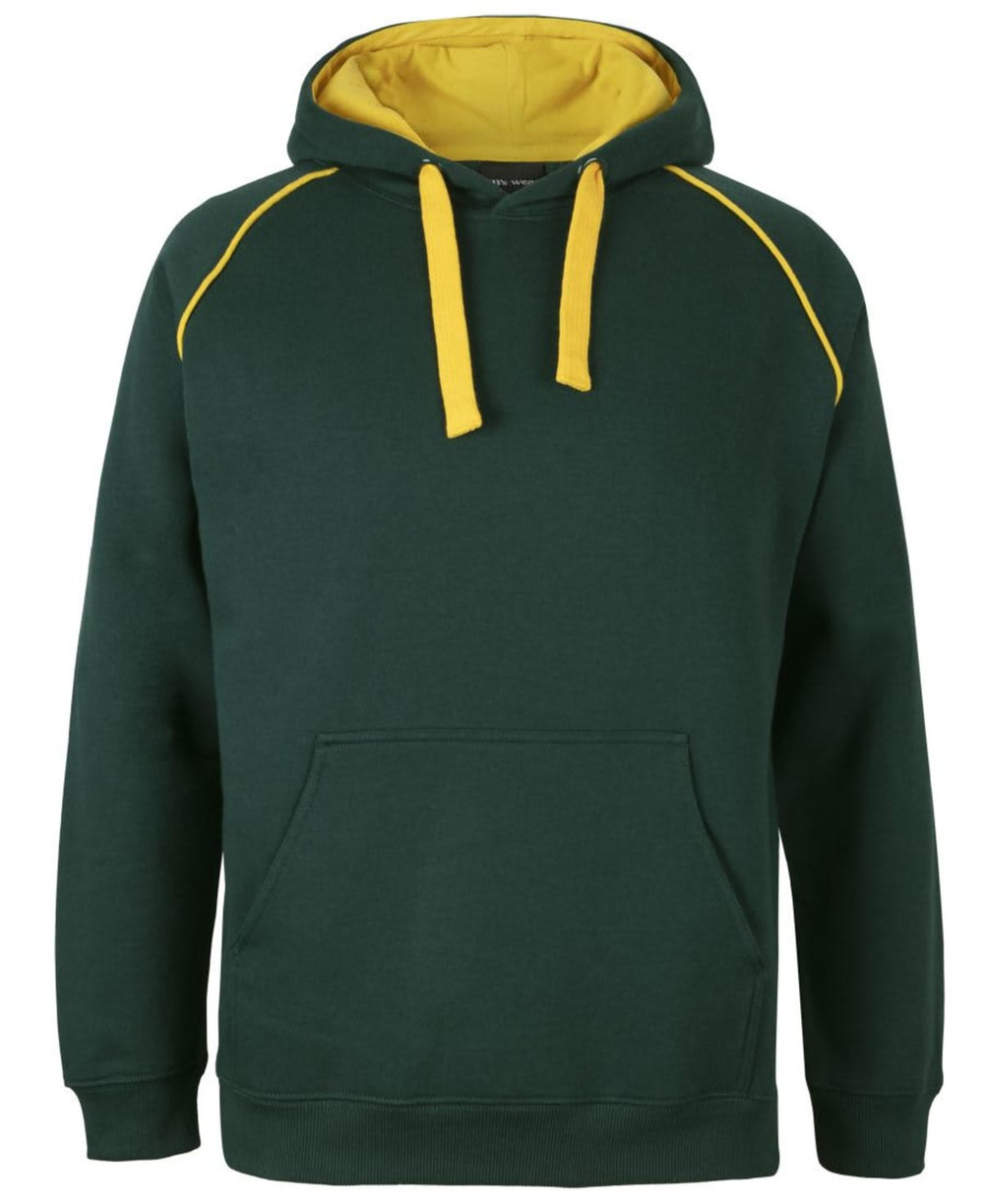 A green hoodie with a yellow inner lining and contrasting seams, featuring a front pocket and a drawstring hood.