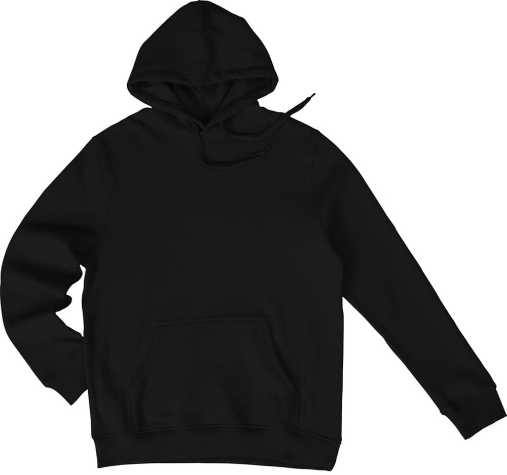 A black thermal hoodie featuring a front pocket and a drawstring hood. The product has a logo.