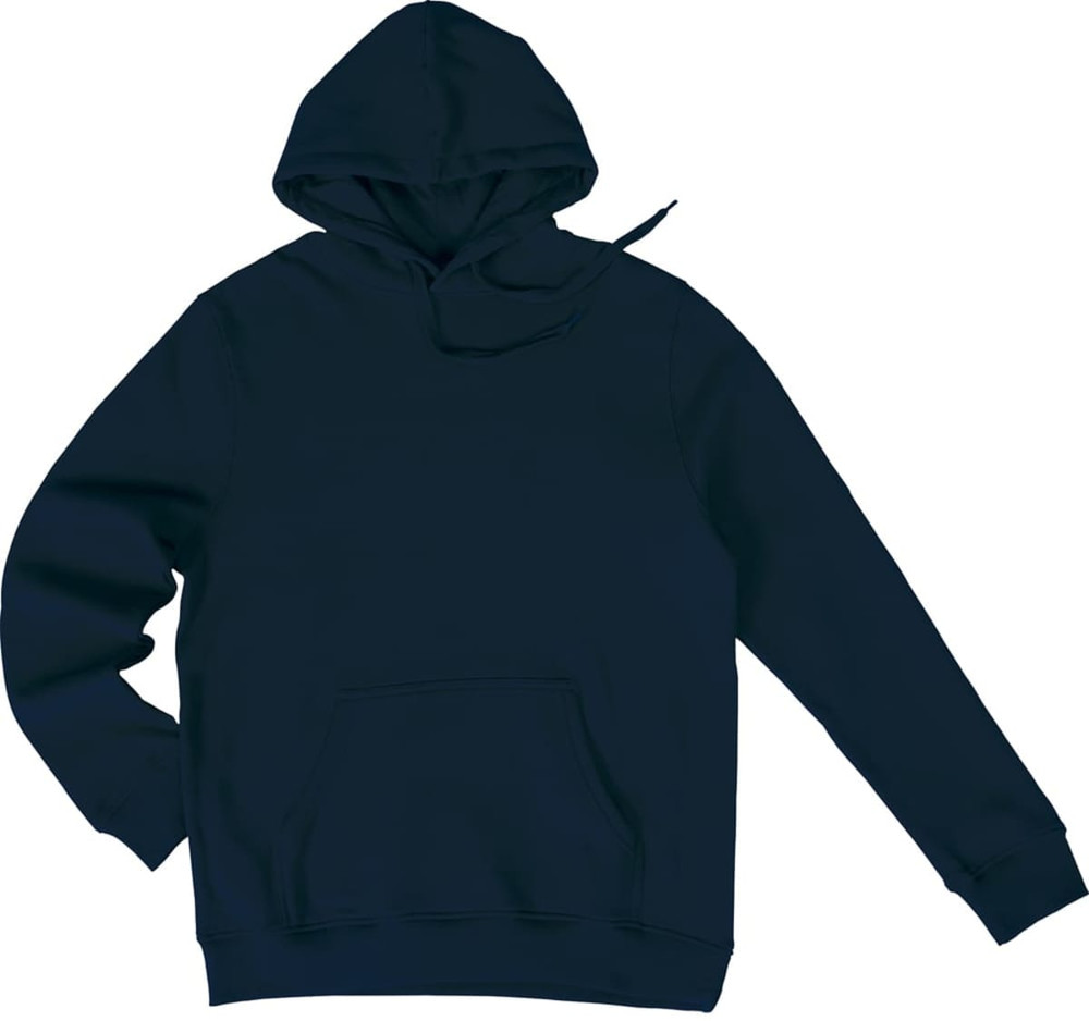 A navy blue thermal hoodie with a front pocket and a drawstring hood. It features a logo on the front.
