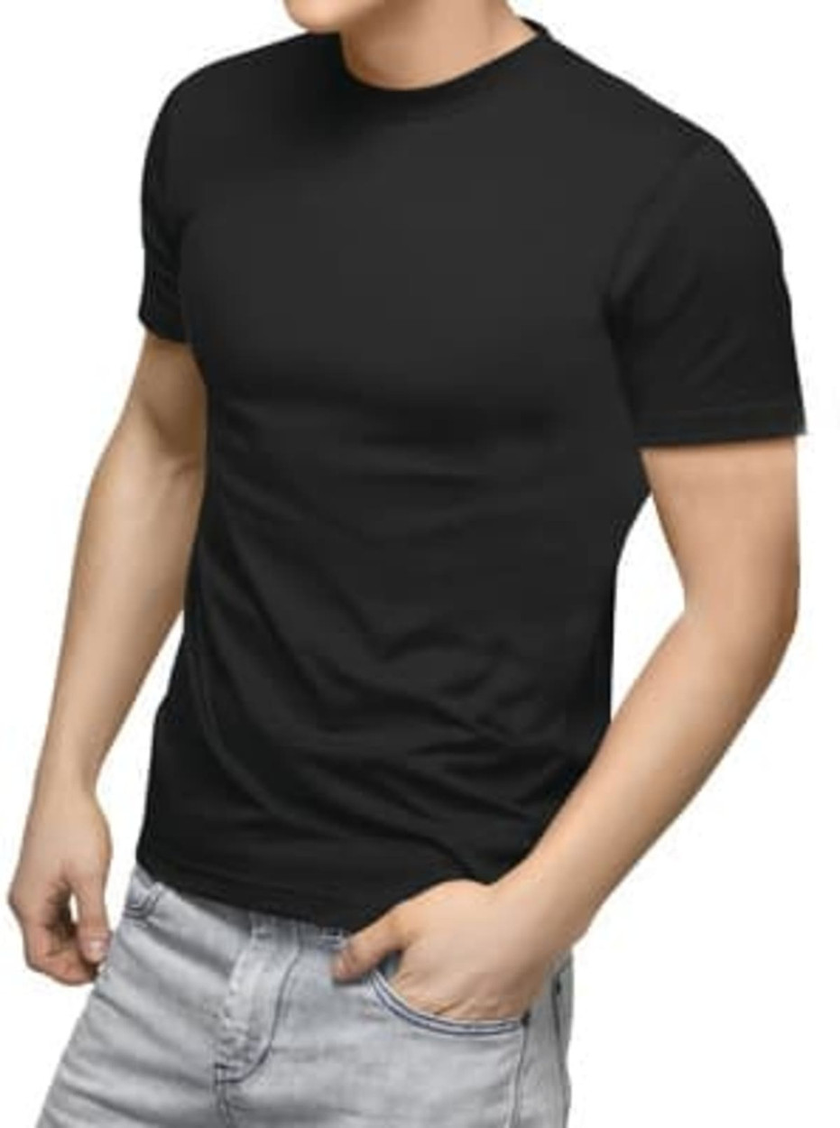 A black T-shirt with a classic crew neck design, fitted to the body, presented without additional graphics or text.