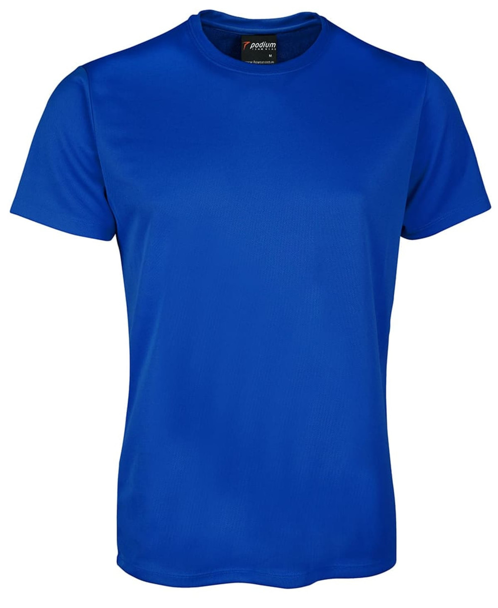A blue T-shirt featuring a round neckline and short sleeves, with a logo on the label.