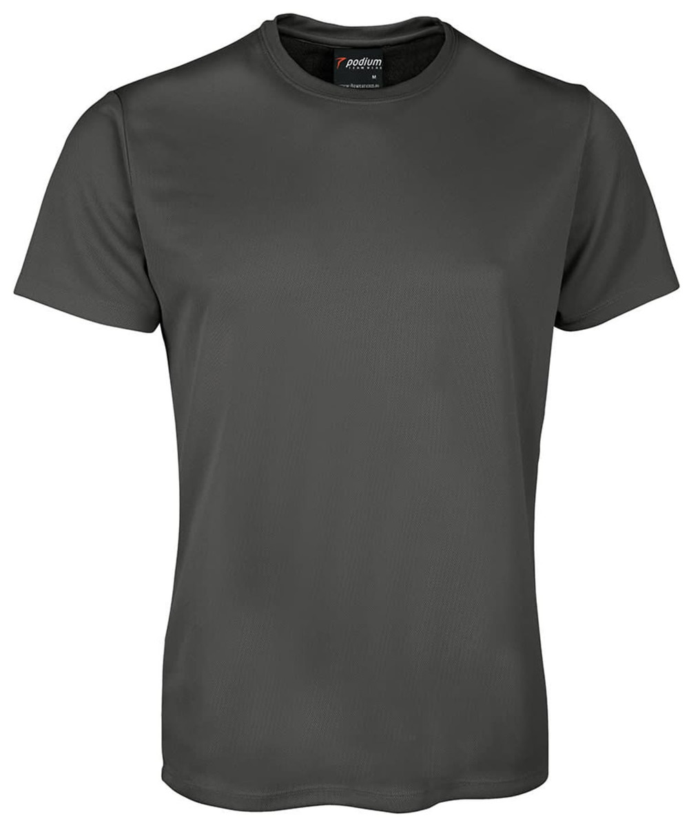 A dark grey t-shirt with short sleeves and a logo on the neckline.